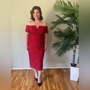 ✨ Red Sequin Off-Shoulder Wiggle Dress (XL) ✨